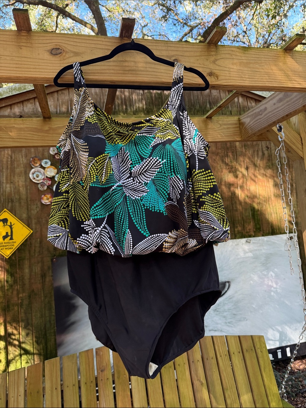 Black Blouson One-Piece Swimsuit with Teal and Yellow Palm Print